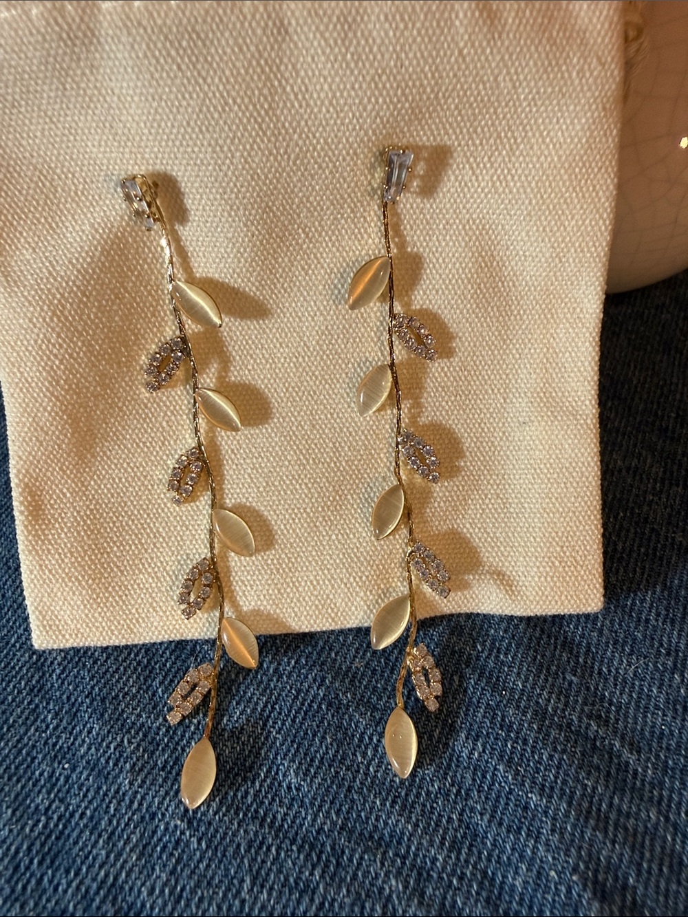 Gold Leaf Vine Drop Earrings - Sparkling Long Dangle Earrings
